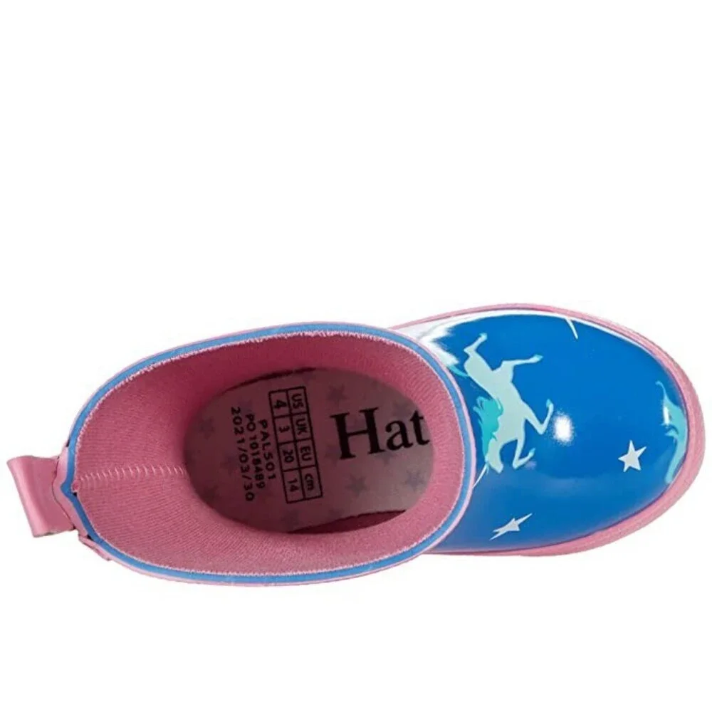 Hatley Twinkle Unicorns Kids 4 Blue Shiny Waterproof Pull On Rain Boots JOBB531